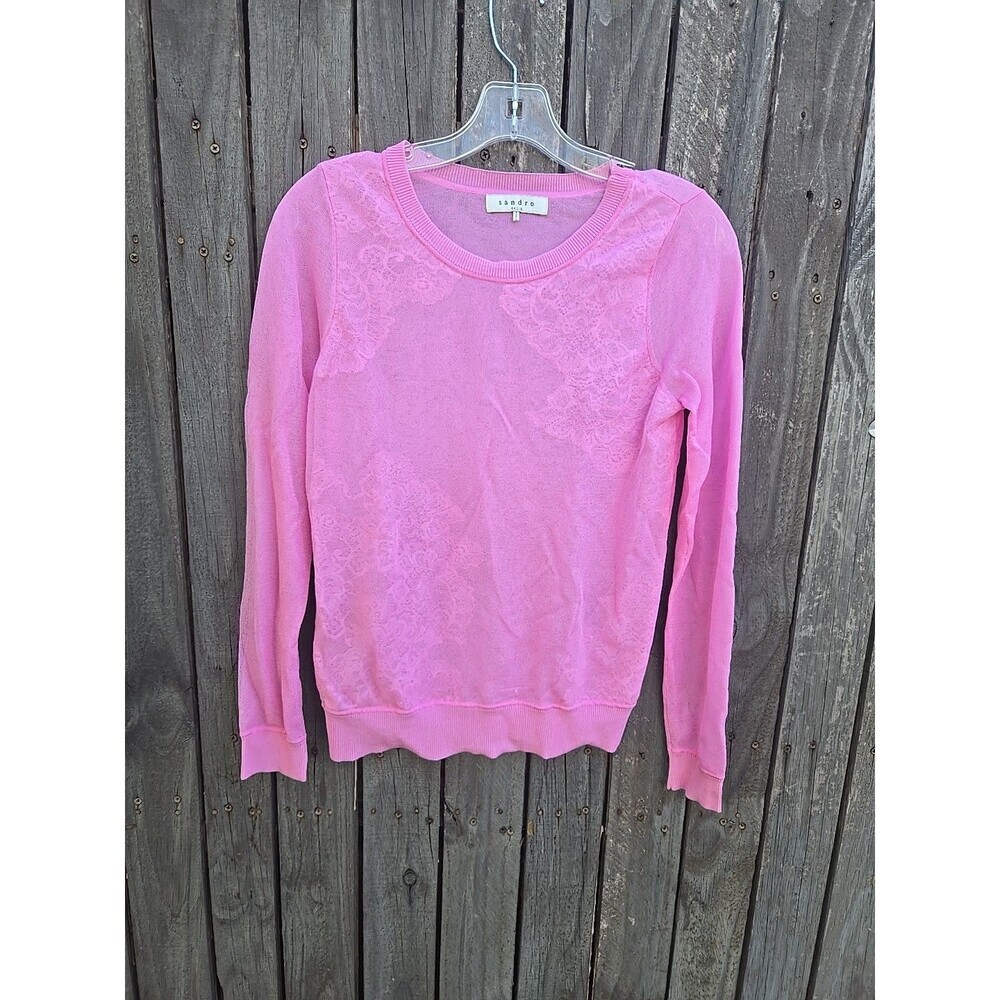 SANDRO PINK LACE TRIM FINE KNIT ROUND NECK LONG SLEEVED JUMPER SIZE S